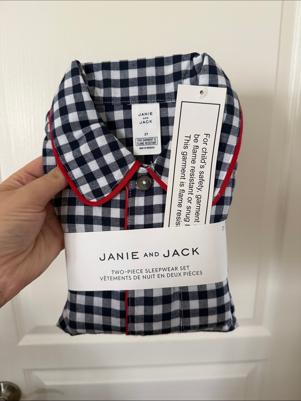 Janie and Jack Navy and White Gingham Pajama Set with Red Trim